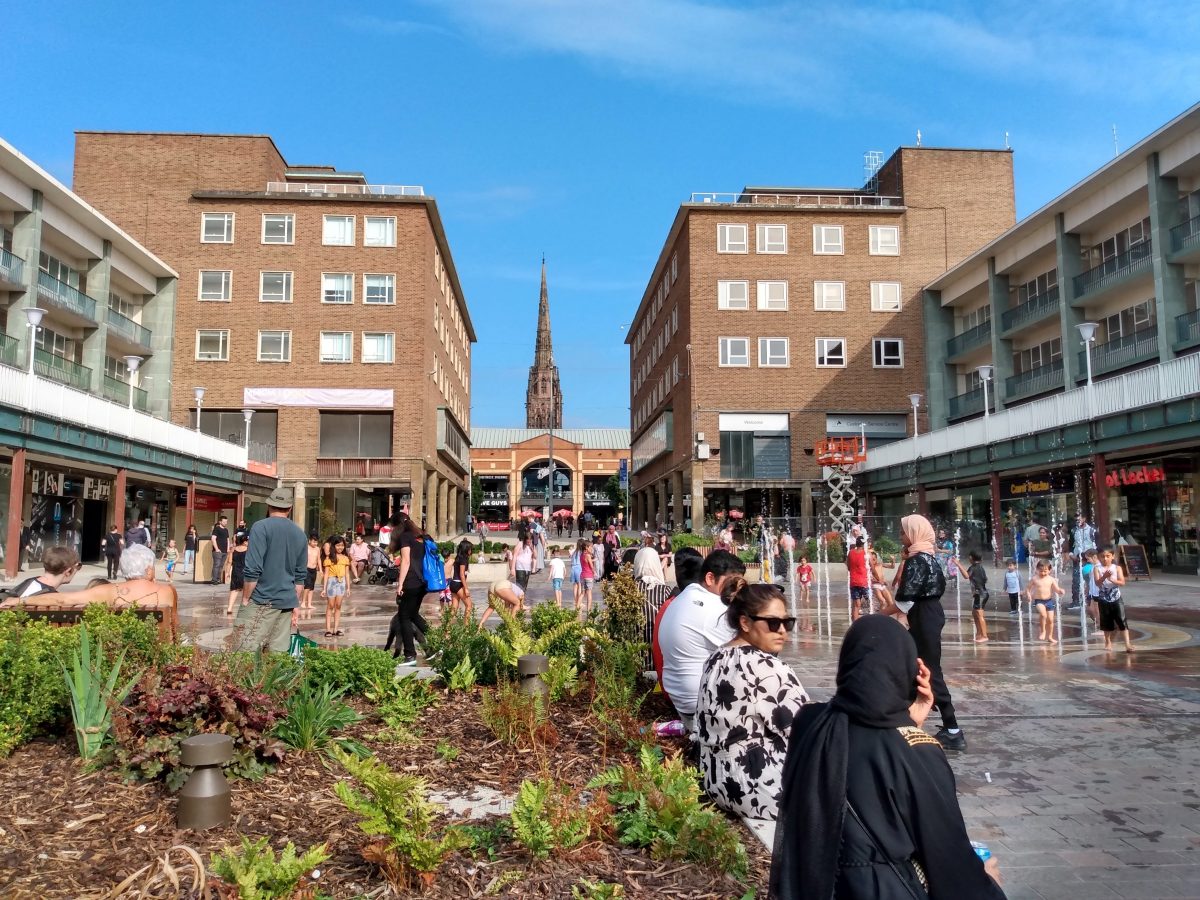 The Upper Precinct fountains and flowerbeds, Coventry